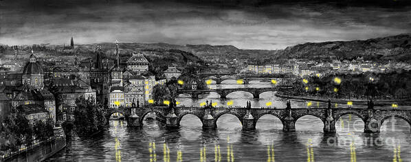 Prague Poster featuring the painting BW Prague Bridges by Yuriy Shevchuk