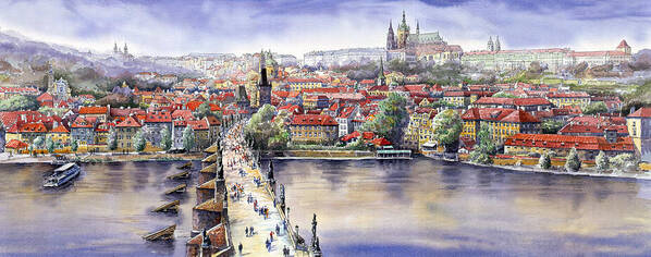 Watercolour Poster featuring the painting Panorama with Vltava river Charles Bridge and Prague Castle St Vit by Yuriy Shevchuk