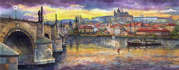 Oil On Canvas Poster featuring the painting Prague Charles Bridge and Prague Castle with the Vltava River 1 by Yuriy Shevchuk
