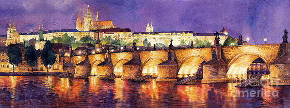 Watercolour Poster featuring the painting Prague Night Panorama Charles Bridge by Yuriy Shevchuk
