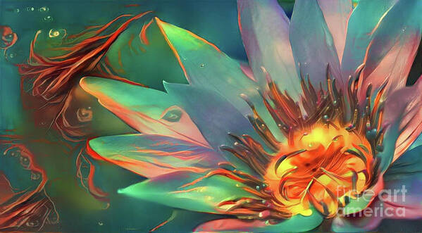Aquatic Plant Poster featuring the digital art Teal and Peach Waterlilies #3 by Amy Cicconi