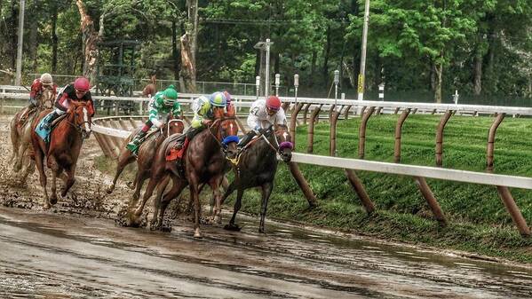 Race Horses Poster featuring the photograph Turning the Mud by Jeffrey PERKINS
