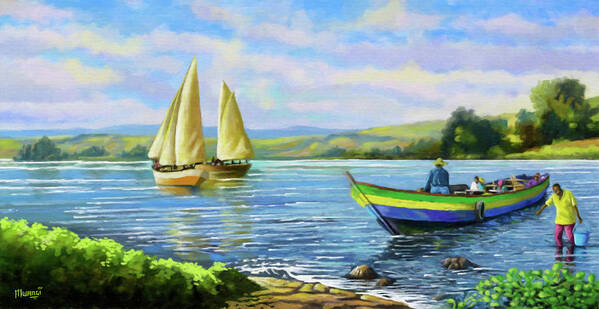 Lake Victoria Poster featuring the painting Boats at Lake Victoria by Anthony Mwangi