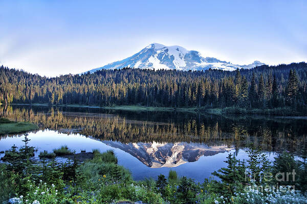 Cascade Mountains Poster featuring the photograph Sunrise at Reflection Lake #2 by Ronald Lutz