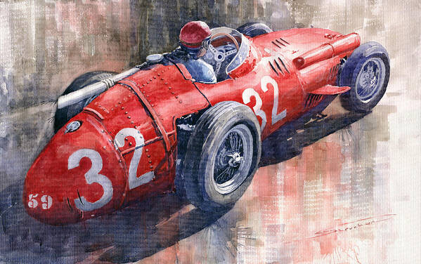 Watercolor Poster featuring the painting Maserati 250F J M Fangio Monaco GP 1957 by Yuriy Shevchuk