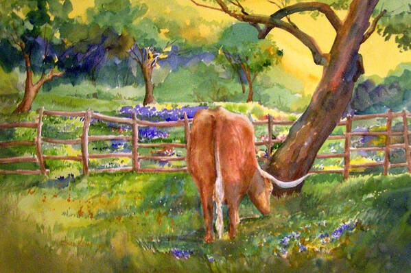 Longhorn Poster featuring the painting Out to Pasture by Sue Kemp
