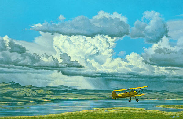 Landscape Poster featuring the painting The Sky-Stearman Biplane by Paul Krapf