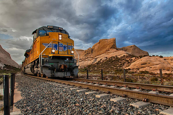 Train Poster featuring the photograph Union Pacific thru Mormon Rocks by Peter Tellone
