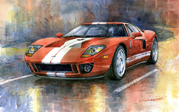 Watercolor Poster featuring the painting Ford GT 40 2006 by Yuriy Shevchuk