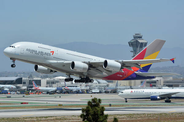 Airplane Poster featuring the photograph Asiana Airbus A380-800 HL7626 Los Angeles International Airport May 3 2016 by Brian Lockett