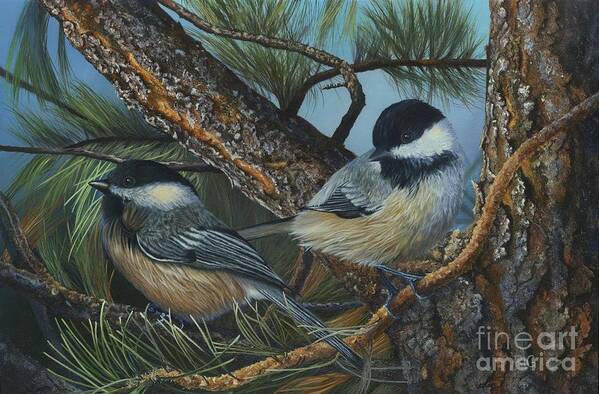 Birds Poster featuring the painting Chickadees by Rosellen Westerhoff