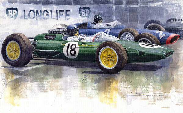 Watercolour Poster featuring the painting French GP 1963 Start Lotus vs BRM by Yuriy Shevchuk