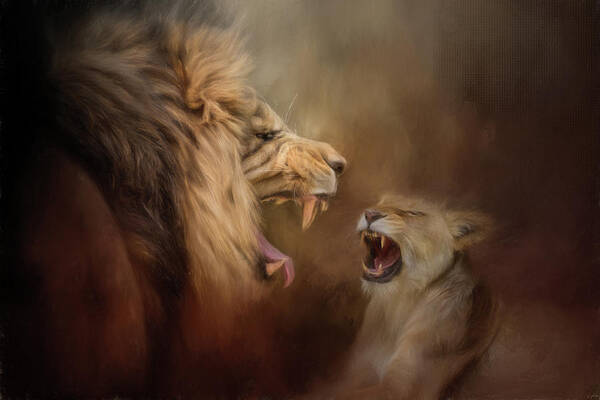 Jai Johnson Poster featuring the painting Heated Conversation Lion Art by Jai Johnson