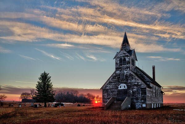 Church Abandoned Rural Lutheran Prairie Horizontal Sunset Landscape Poster featuring the photograph Sunset at the Big Coulee Lutheran Church by Peter Herman