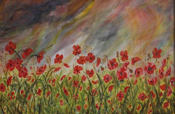 Poppies Poster featuring the painting Poppies in a storm by David Capon