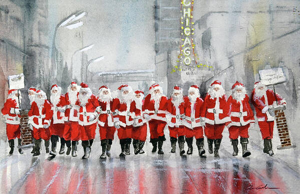 Chicago Poster featuring the painting Santas On Parade - Chicago State Street by Glenn Galen