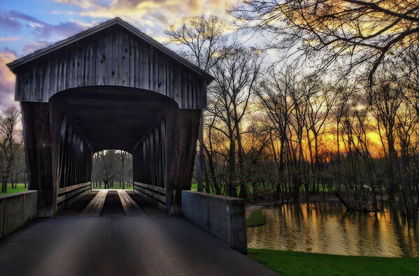 Covered Bridge Columbus In Indiana Mill Race Park Nostalgia Sunset Old Antique Heritage Park Green Gold Water Horizontal Landscape Scenic Architecture Poster featuring the photograph The Old Covered Bridge by Peter Herman
