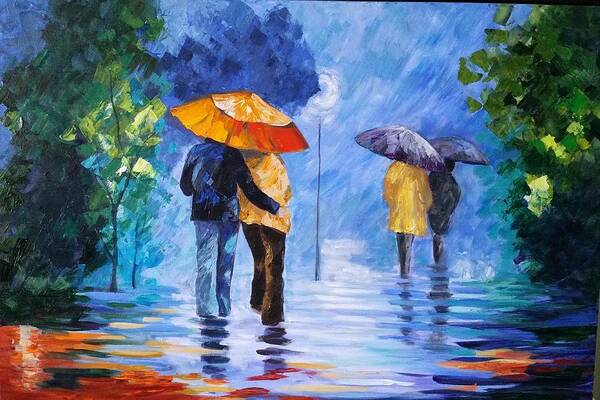 Landscape Poster featuring the painting Walking in the Rain by Rosie Sherman