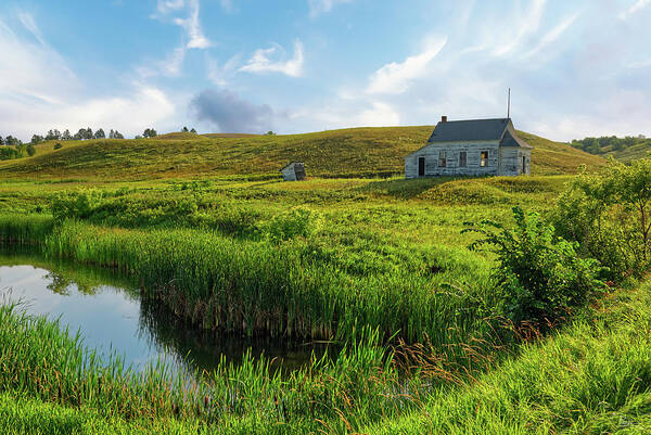 Country Schoolhouse Poster featuring the photograph Little Schoolhouse on the Prairie - Kirkelie township schoolhouse near Burlington ND #1 by Peter Herman