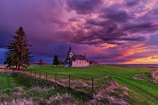 Big Coulee Lutheran Poster featuring the photograph Sunset at the Big Coulee Lutheran Church - Ramsey county North Dakota by Peter Herman