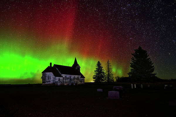 Big Coulee Lutheran Poster featuring the photograph Big Coulee Lutheran Church with Aurora Borealis #2 of 2 by Peter Herman