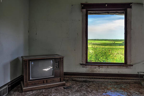 Solberg Poster featuring the photograph Black and White TV, Color Window - view of ND prairie from within living room of abandoned farm home by Peter Herman