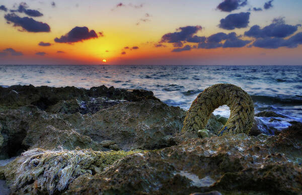 Cozumel Poster featuring the photograph Cozumel Sunset on beach with anchor rope by Peter Herman