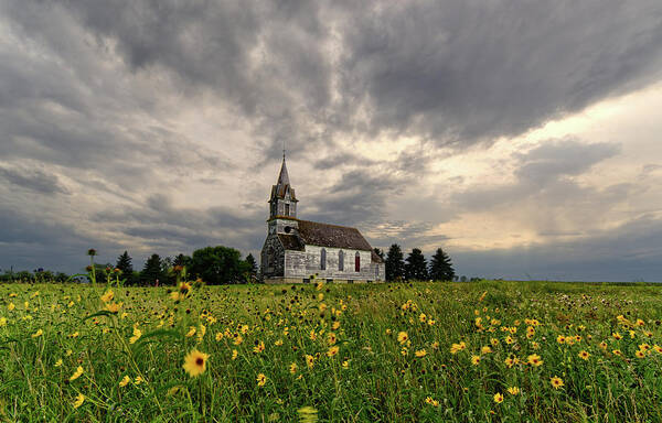  Poster featuring the photograph East Norway Lutheran Church in Nelson County ND - abandoned church with wildflowers by Peter Herman