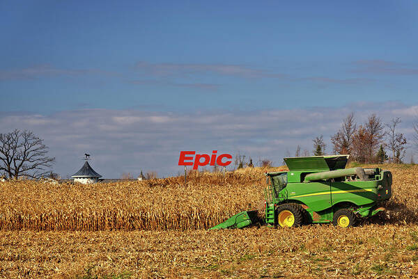 Epic Systems Poster featuring the photograph Epic Harvest - John Deere combine harvesting corn at Epic Systems campus by Peter Herman