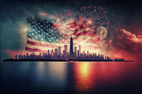 Skyline Poster featuring the digital art Fireworks and American Flag Over The Chicago Skyline by Jim Vallee