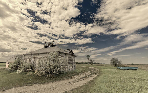 Oriska Poster featuring the photograph I'm Boating to the Bar for a Drink - abandoned schoolhouse turned bar near Oriska ND by Peter Herman