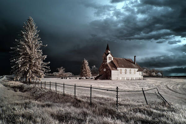Big Coulee Lutheran Poster featuring the photograph Big Coulee Lutheran Church in infrared - Ramsey county North Dakota by Peter Herman