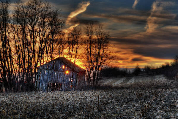 Barn Sunset Light Farm Rural Field Corn Stubble Evening Dusk Landscape Scenic Wi Wisconsin Stoughton Dane Madison Horizontal Orange Haunted Spooky Shed Tobacco Poster featuring the photograph Let the Light Shine Through - sunset through collapsing Wisconsin barn by Peter Herman