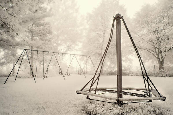 Swingset Poster featuring the photograph Playground Memories - swings and witches-hat merry go round at Cooksville WI schoolhouse in infrared by Peter Herman