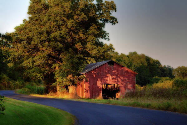 Tobacco Poster featuring the photograph Red Tobacco Shed with tobacco drying inside lit by setting sun - Stebbinsville Road by Peter Herman