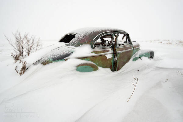 1947 Poster featuring the photograph Snow Cruiser - 1 of 3 - 1947 Chevy Coup in a ND snow scene by Peter Herman