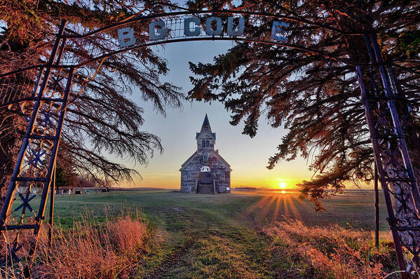 Church Poster featuring the photograph Sunset on the Big Coulee Church - Abandoned Rural ND Lutheran church by Peter Herman