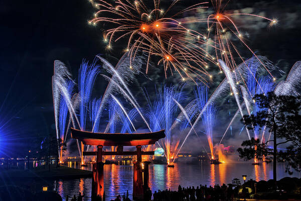 Epcot Center Poster featuring the photograph The IllumiNations Reflections Of Earth Laser and Fireworks by Jim Vallee