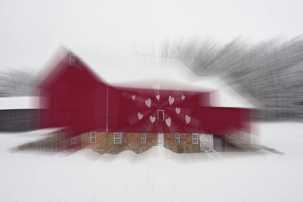 Icm Poster featuring the photograph The Love Barn - Red Wisconsin barn decorated with hearts with zoom motion by Peter Herman