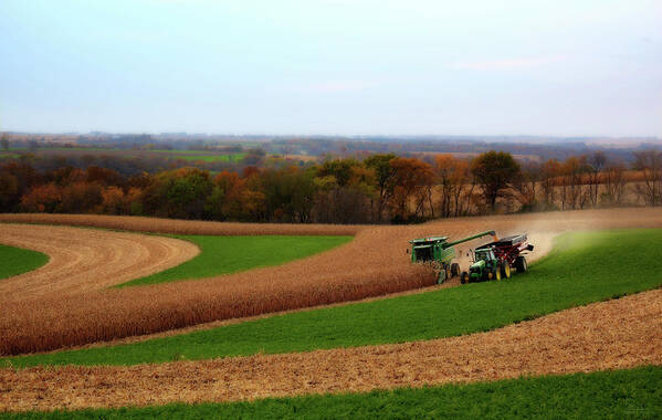 Wisconsin Farm Farming Corn John Deere Combine Tractor Contour Agriculture Harvest Landscape Scenic Poster featuring the photograph WisContours - Corn harvest on the driftless prairie of SW Wisconsin by Peter Herman