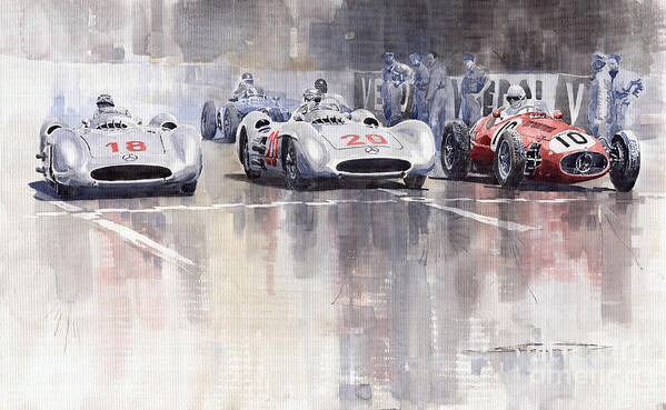 Watercolour Poster featuring the painting French GP 1954 MB W 196 Meserati 250 F by Yuriy Shevchuk