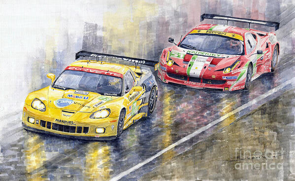 Watercolor Poster featuring the painting 2011 Le Mans GTE Pro Chevrolette Corvette C6R vs Ferrari 458 Italia by Yuriy Shevchuk
