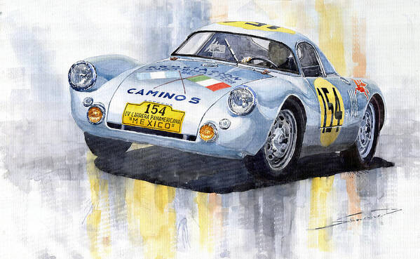 Watercolor Poster featuring the painting Porsche 550 Coupe 154 Carrera Panamericana 1953 by Yuriy Shevchuk