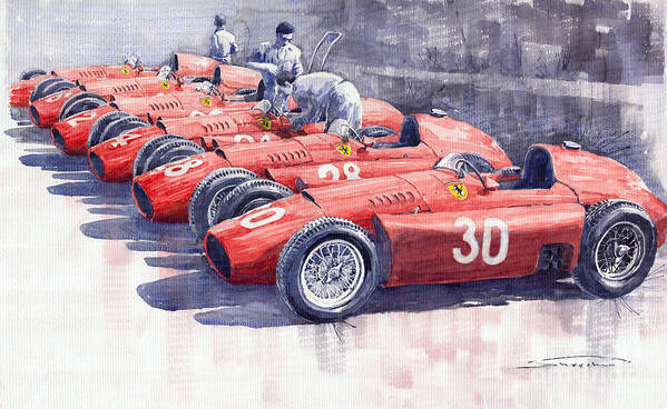 Watercolour Poster featuring the painting 1956 Team Lancia Ferrari D50 type C 1956 Italian GP by Yuriy Shevchuk