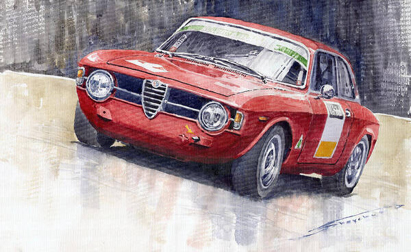 Watercolor Poster featuring the painting Alfa Romeo Giulie Sprint GT 1966 by Yuriy Shevchuk