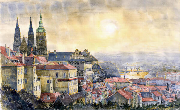 Watercolor Poster featuring the painting Dawn of Prague by Yuriy Shevchuk