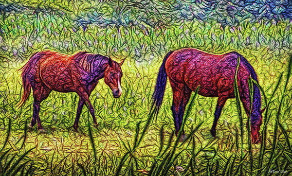 Joelbrucewallach Poster featuring the digital art Horses In Tranquil Field by Joel Bruce Wallach