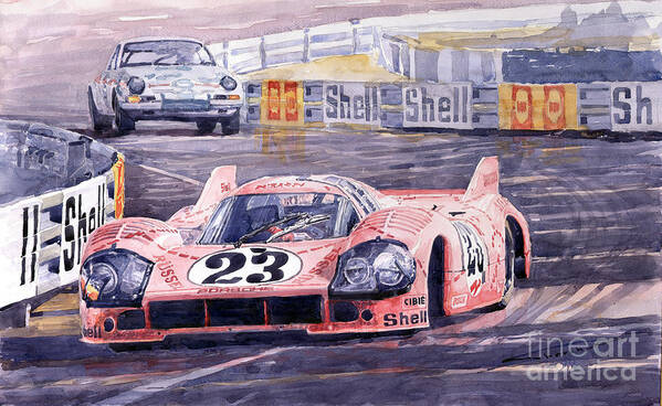 Watercolor Poster featuring the painting Porsche 917-20 Pink Pig Le Mans 1971 Joest Reinhold by Yuriy Shevchuk