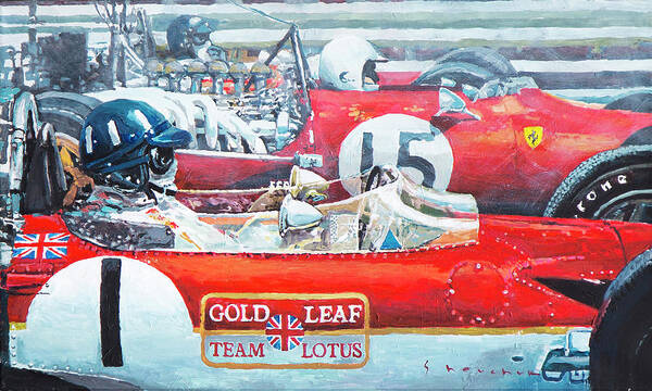 Acrylic On Canvas Poster featuring the painting Spain GP 1969 Lotus 49 Hill Ferrari 312 Amon Lotus 49B Rindt by Yuriy Shevchuk