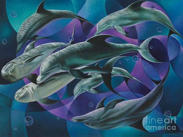 Dolphins Poster featuring the painting Corazon del Mar by Ricardo Chavez-Mendez